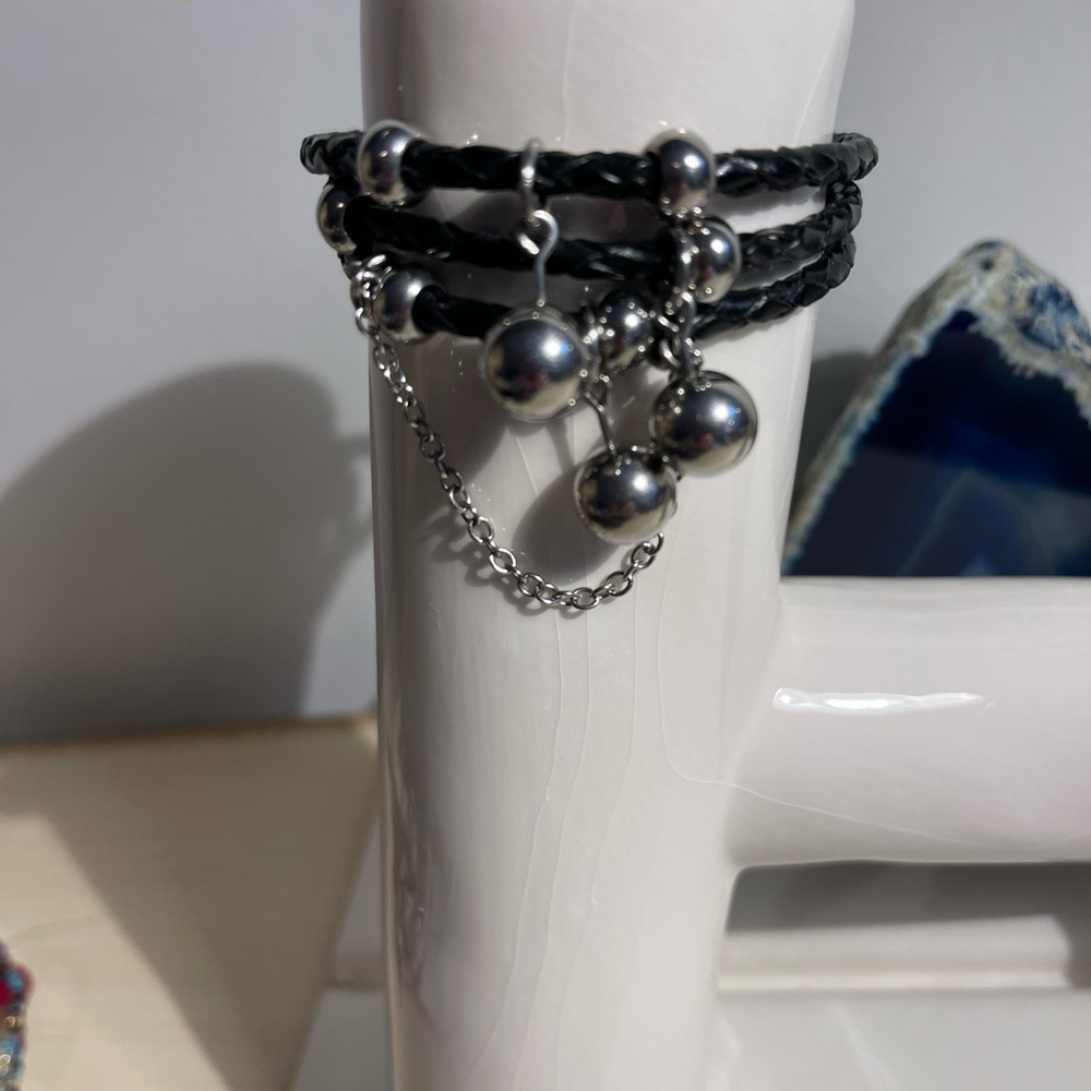 Three Strand Black Leather & Metal  Designed Magnetic Bracelet